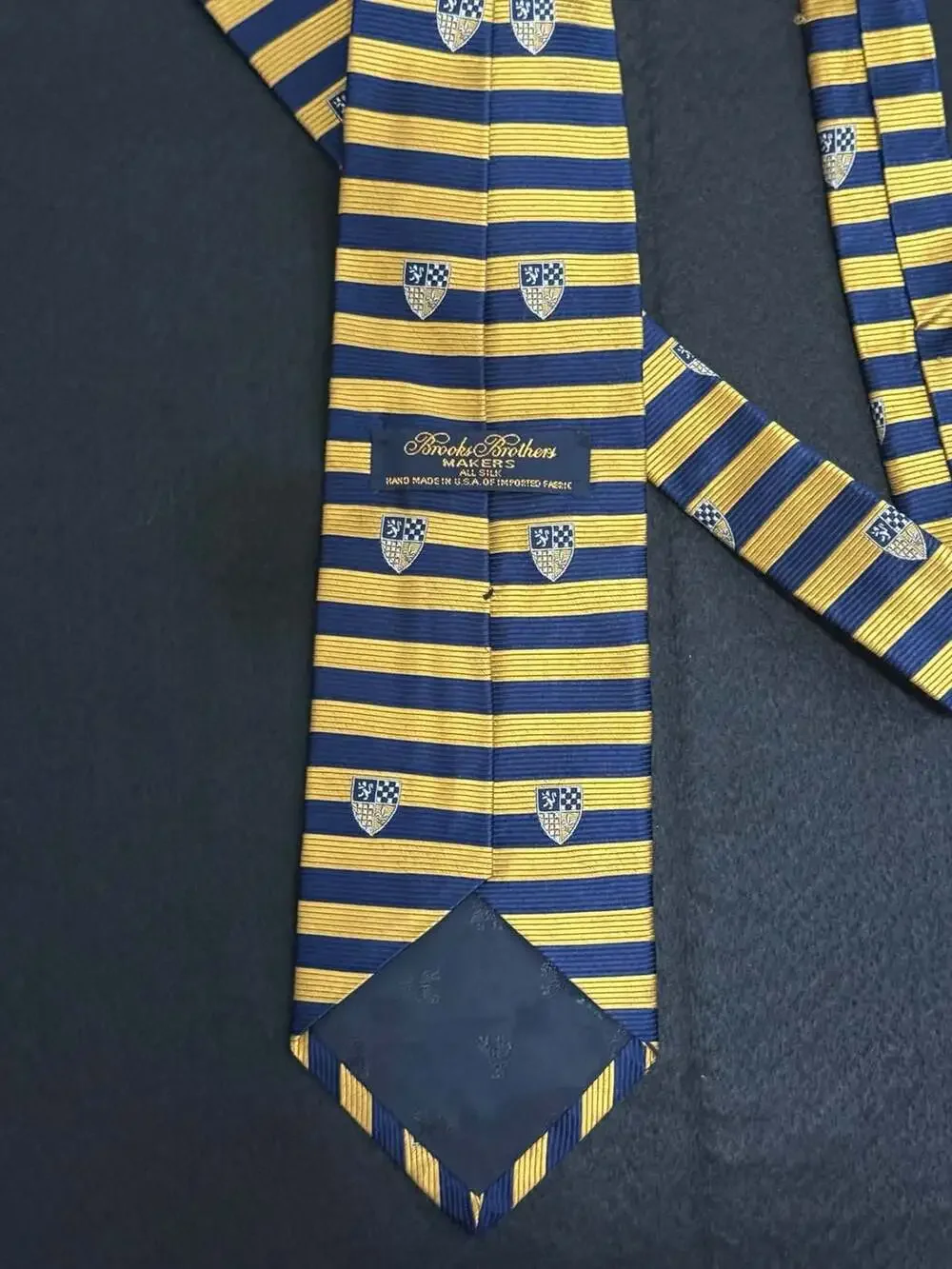 Brooks Brothers Makers Silk Tie Blue and Yellow Striped with Crest Logo